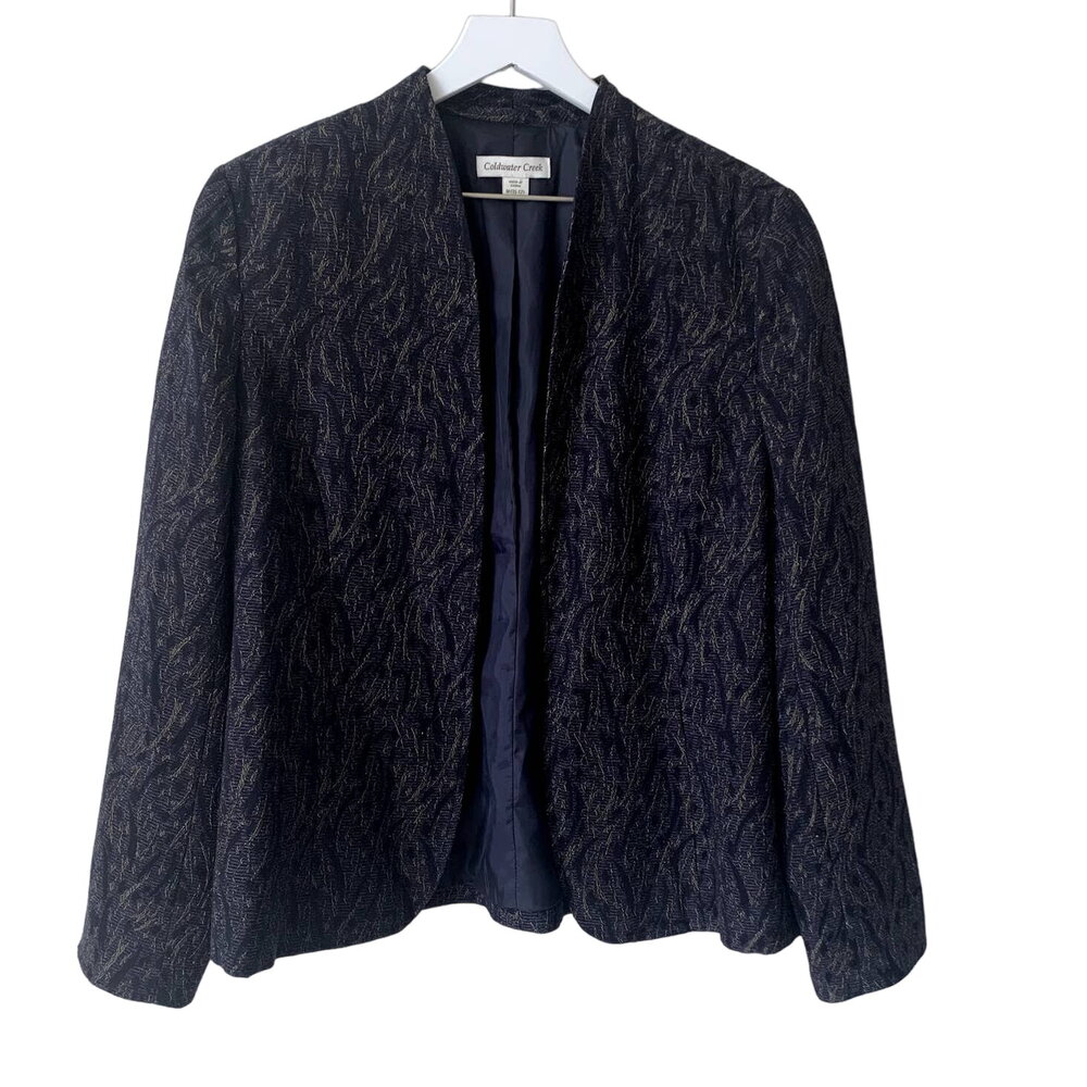 Coldwater Creek Blazer Jacket Size M/10-12 Navy Metallic Brocade Coat Embroidery